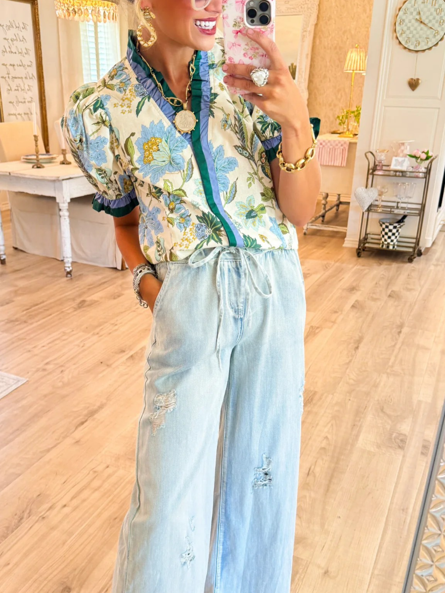 Floral Print Ruffle Puff Sleeve Top