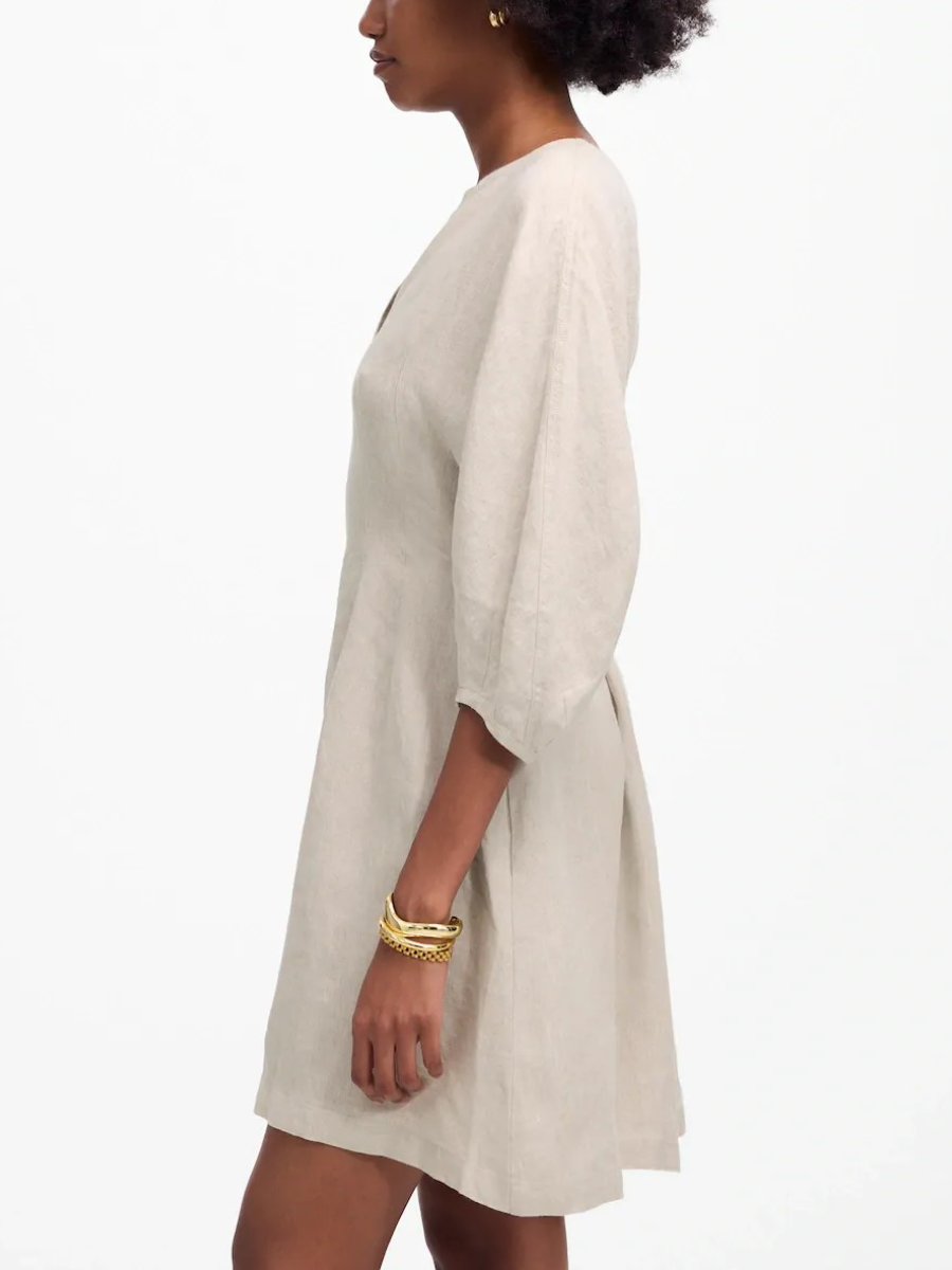 Split Neck Mini Dress In 100% Linen