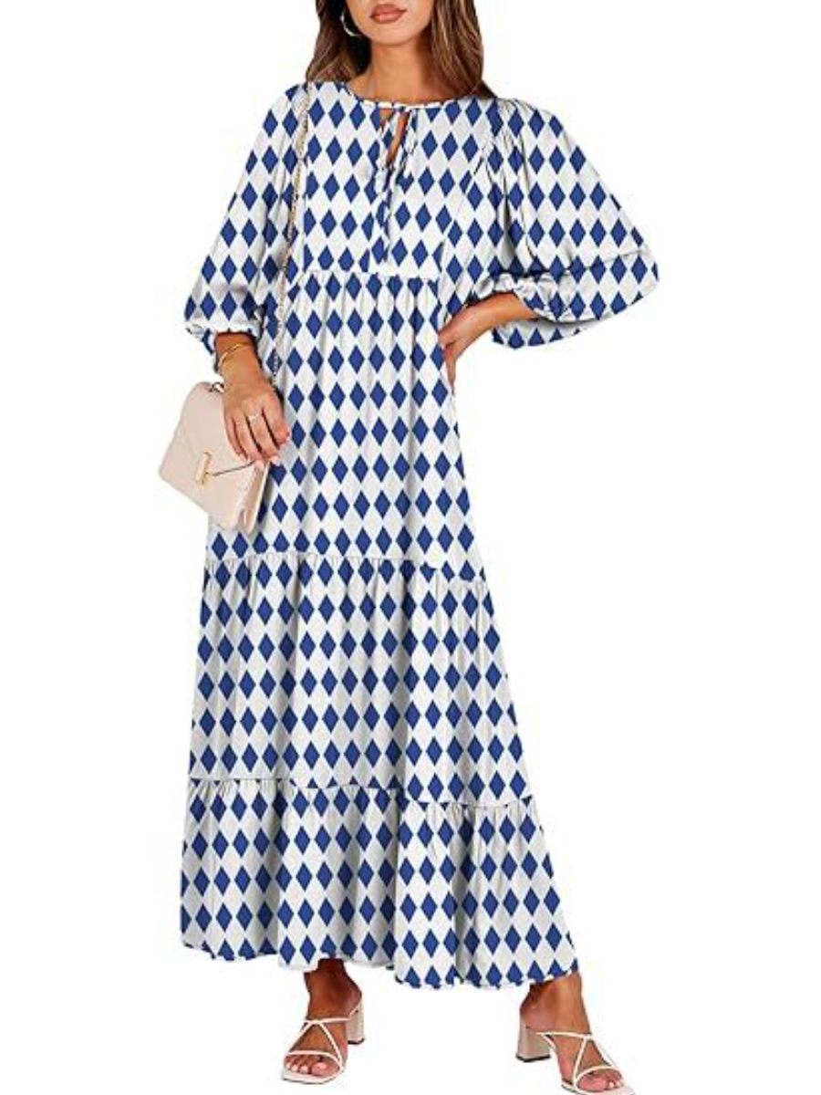 V-Neck Bubble Sleeve Casual Print A- Line Long Beach Dress