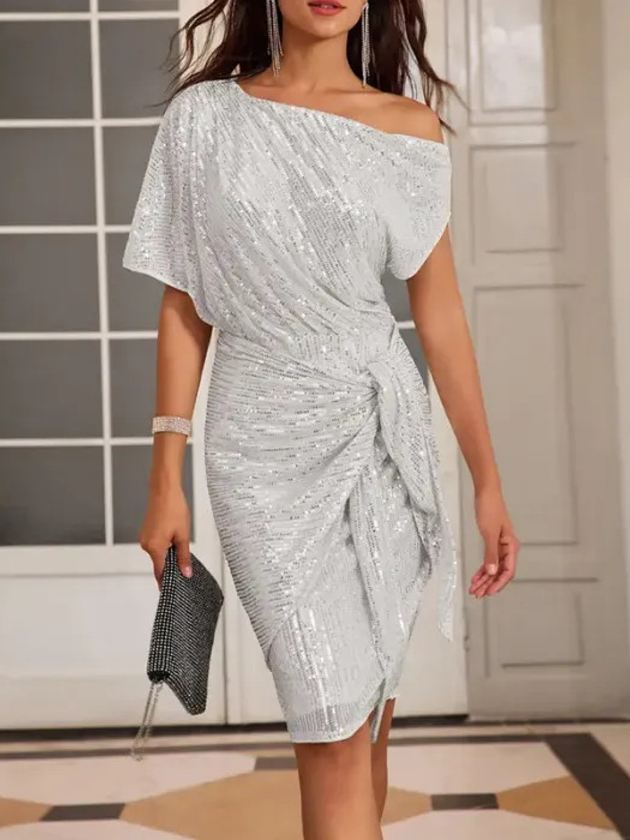 Trimmed Shiny Sexy Off-the-shoulder Pleated Dress