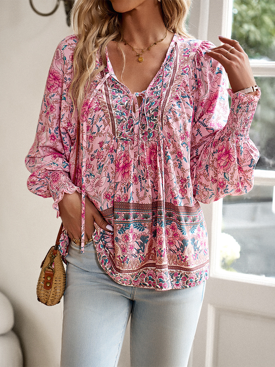 Boho Printed Lace-Up Long Sleeve Top