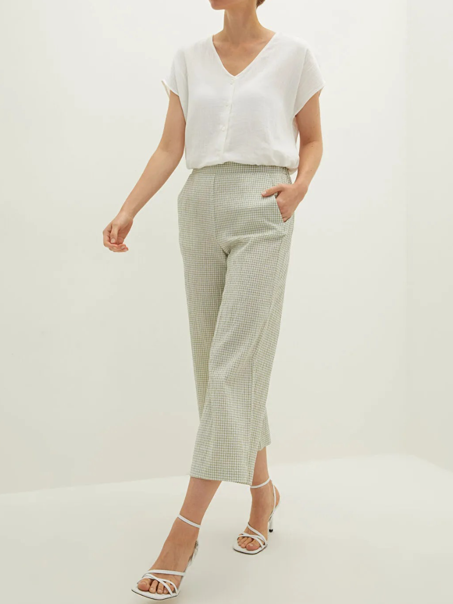 Elastic Waist High Waist Loose Fit Plaid Pants