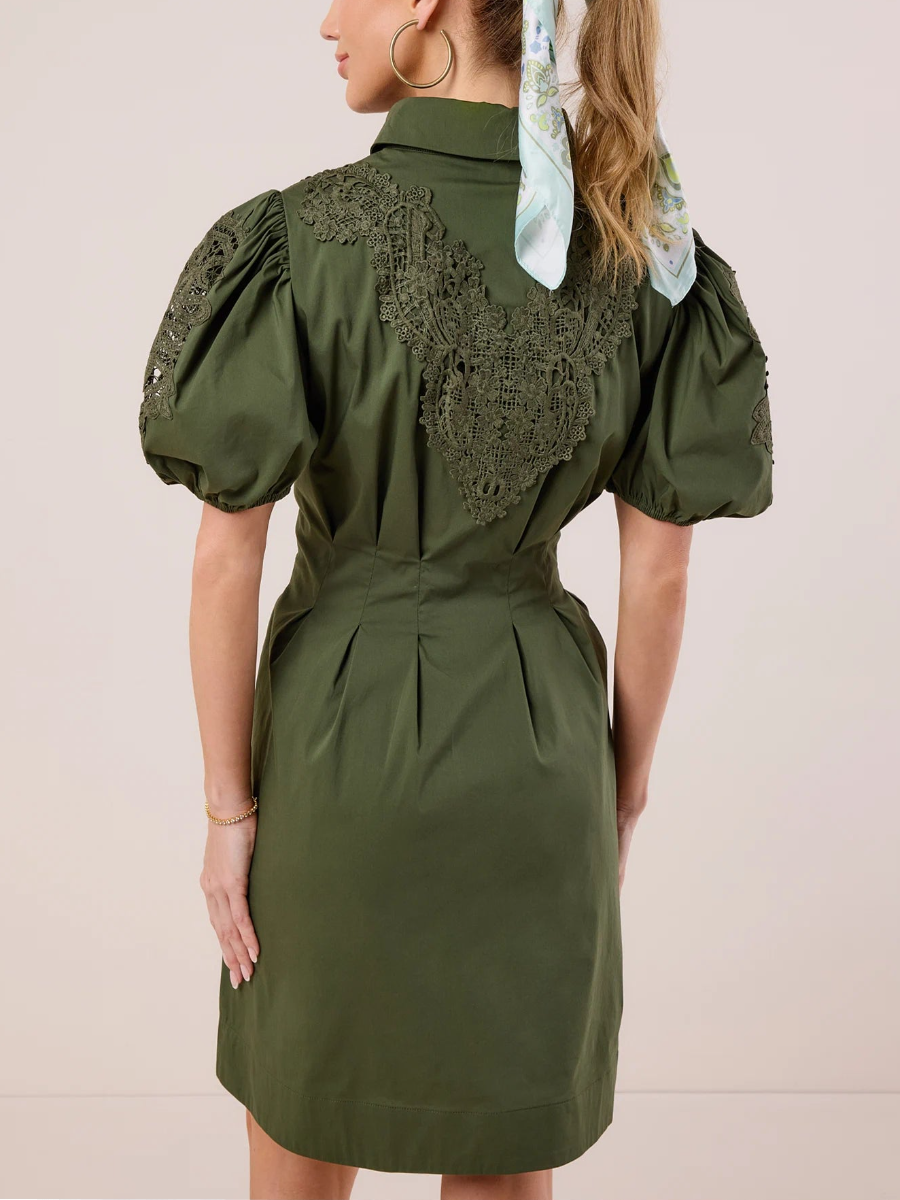 Spread Collar Pleated Puff Sleeve Dress