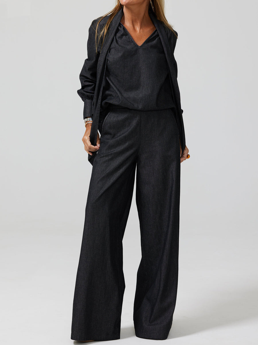 Bow Denim V Neck Two Pieces Set