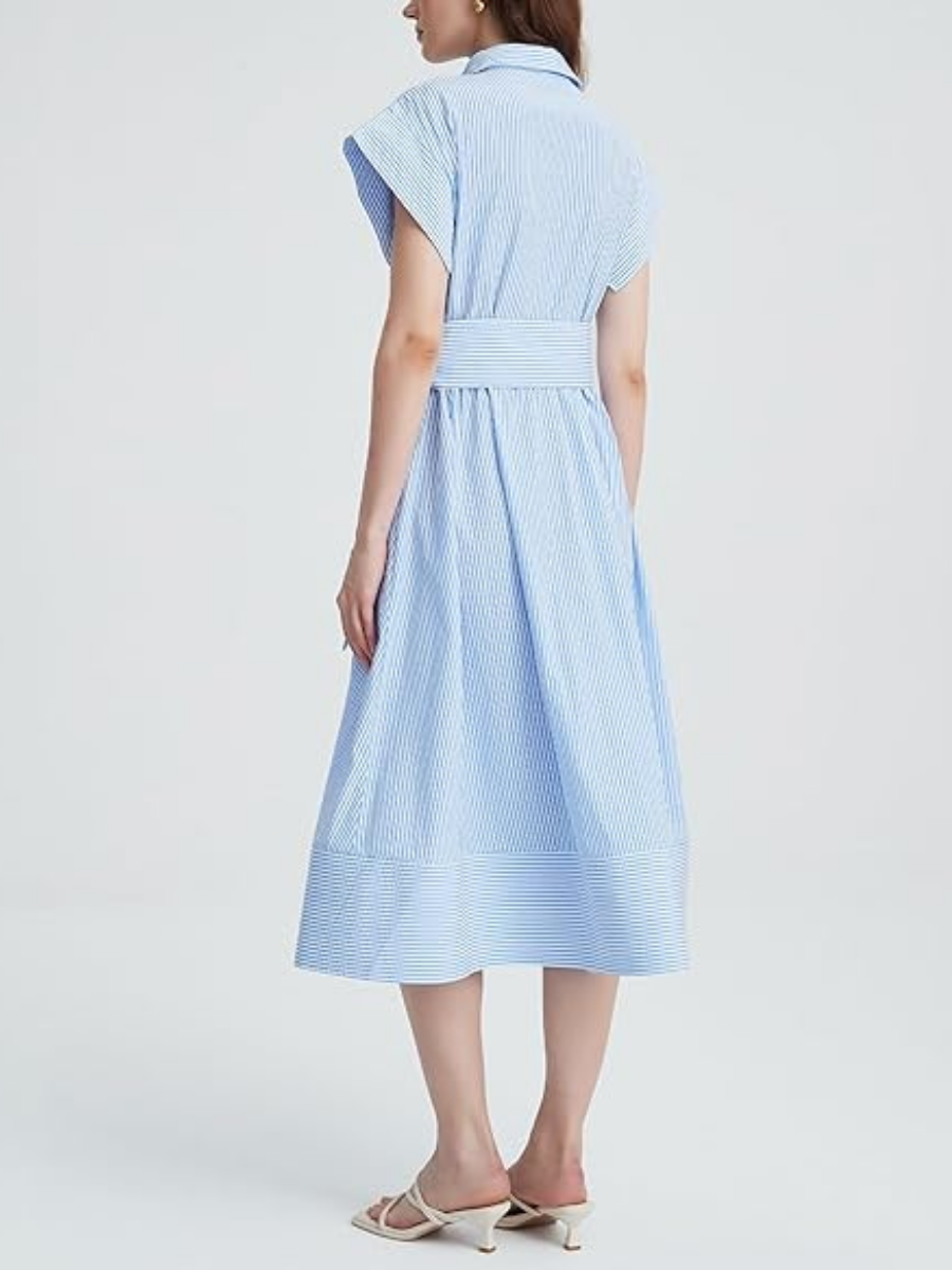 Striped Belted Shirt Midi Dress