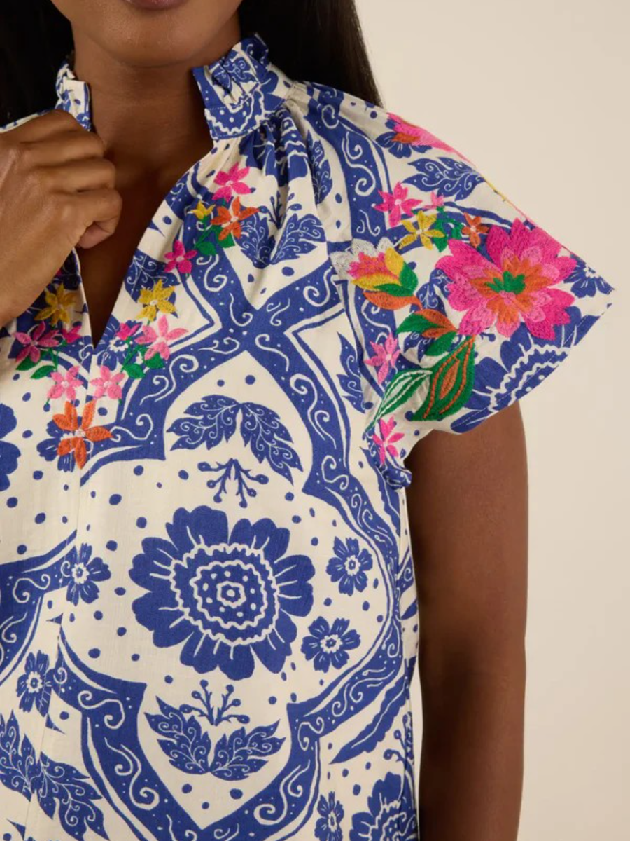 Bohemian Print Band Collar Blouse