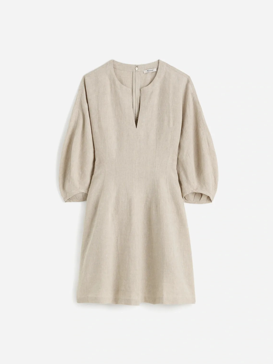 Split Neck Mini Dress In 100% Linen