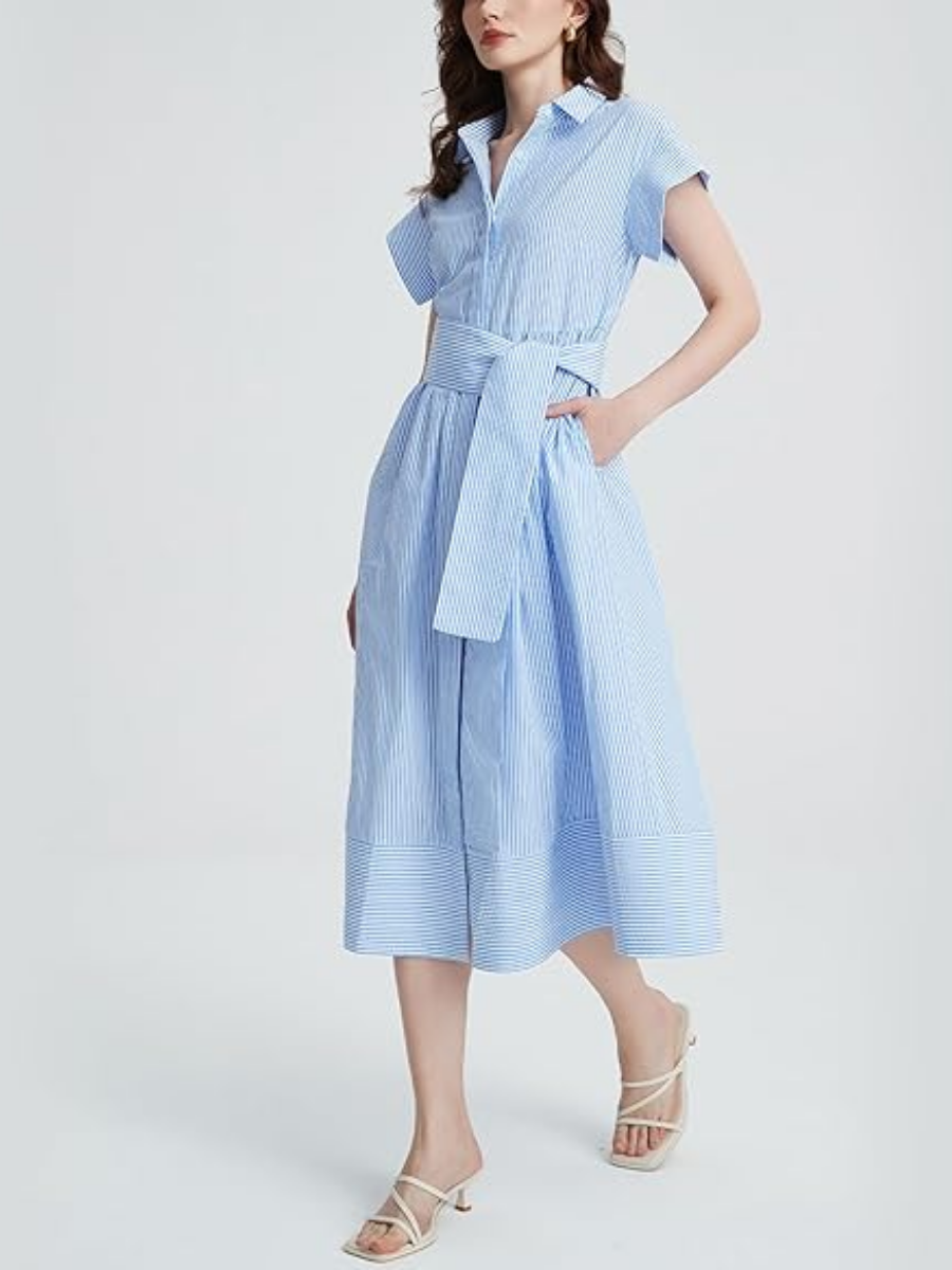 Striped Belted Shirt Midi Dress
