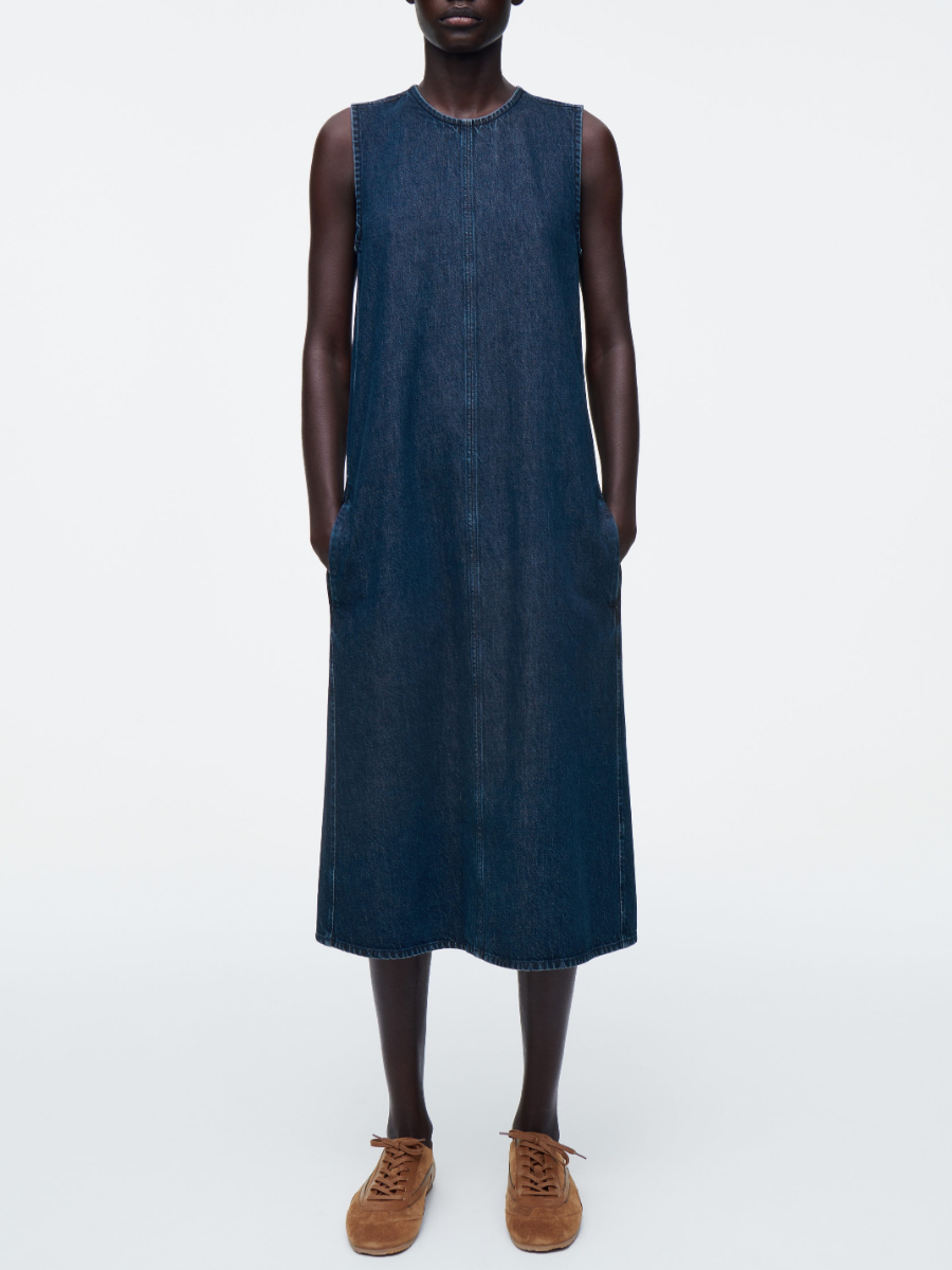 SLEEVELESS DENIM MIDI DRESS