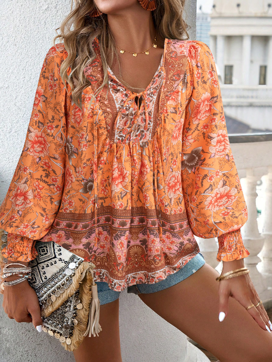 Boho Printed Lace-Up Long Sleeve Top