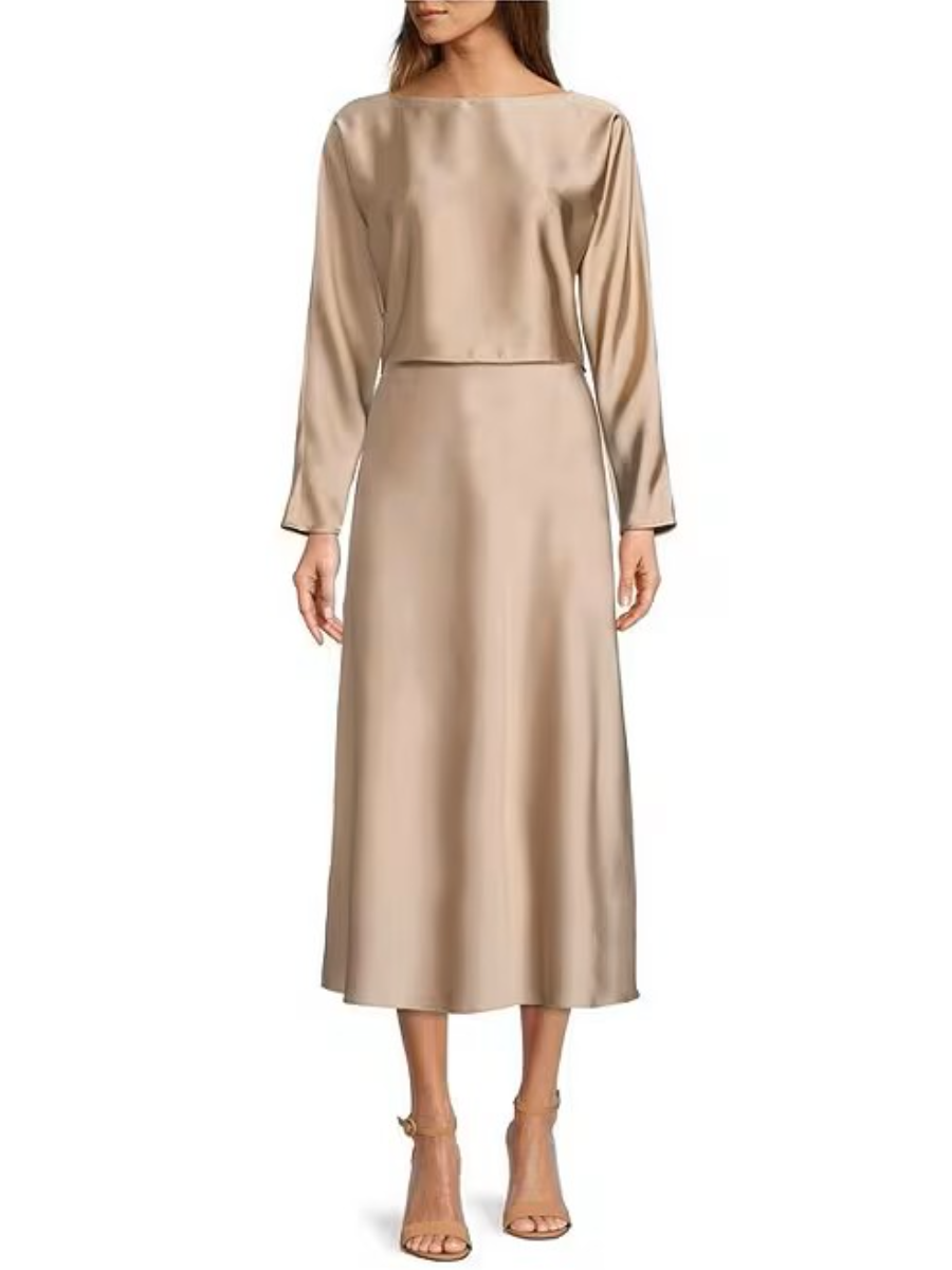 Blyss Boat Neck Long Sleeve Coordinating Satin Set