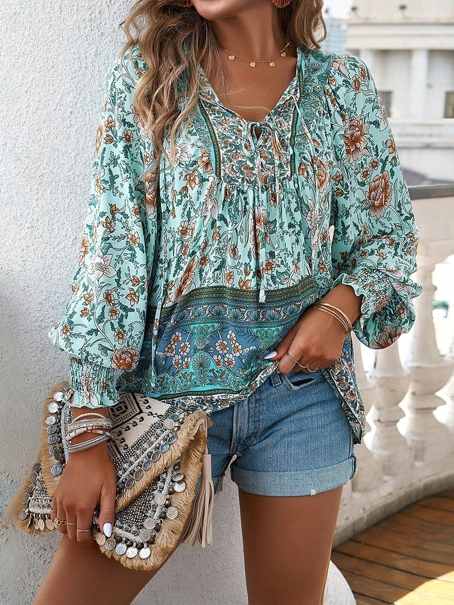 Boho Printed Lace-Up Long Sleeve Top