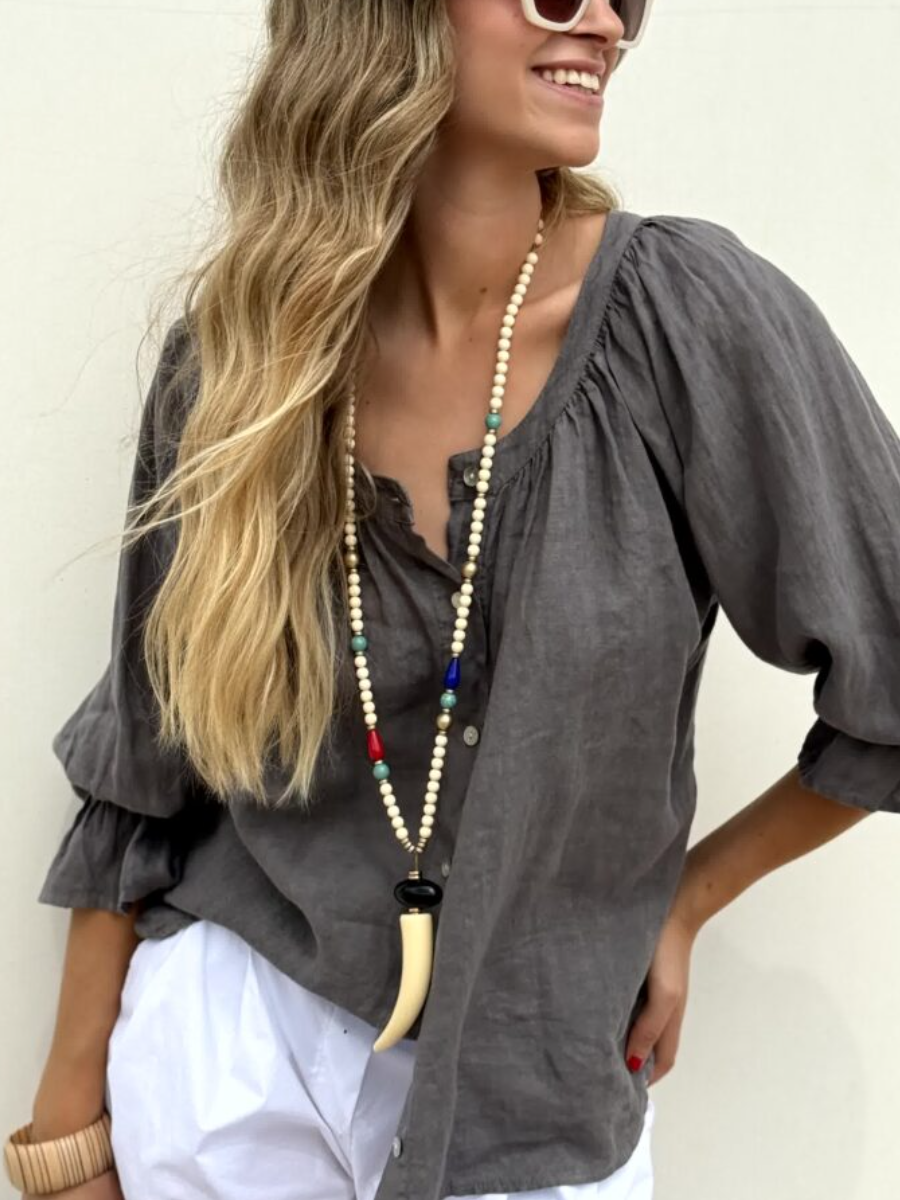 Relaxed Linen Puff Sleeve Blouse