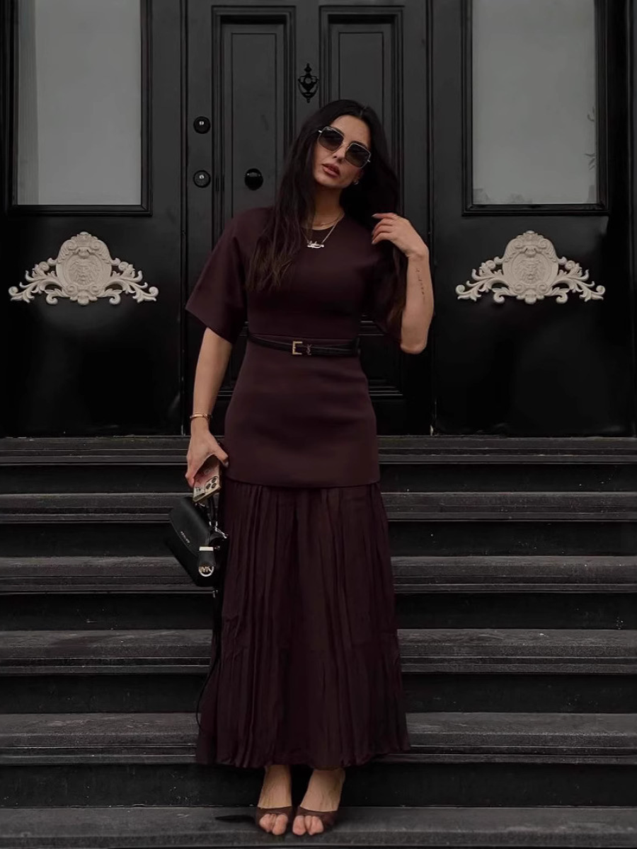 Belted Pleated Midi Dress
