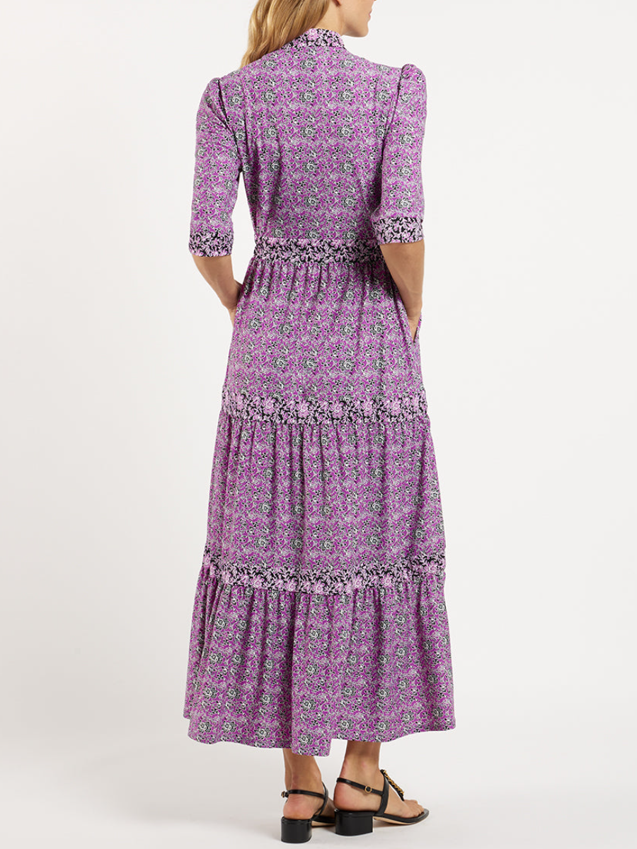Elegant Floral Mandarin Collar Puff Shoulder Maxi Dress