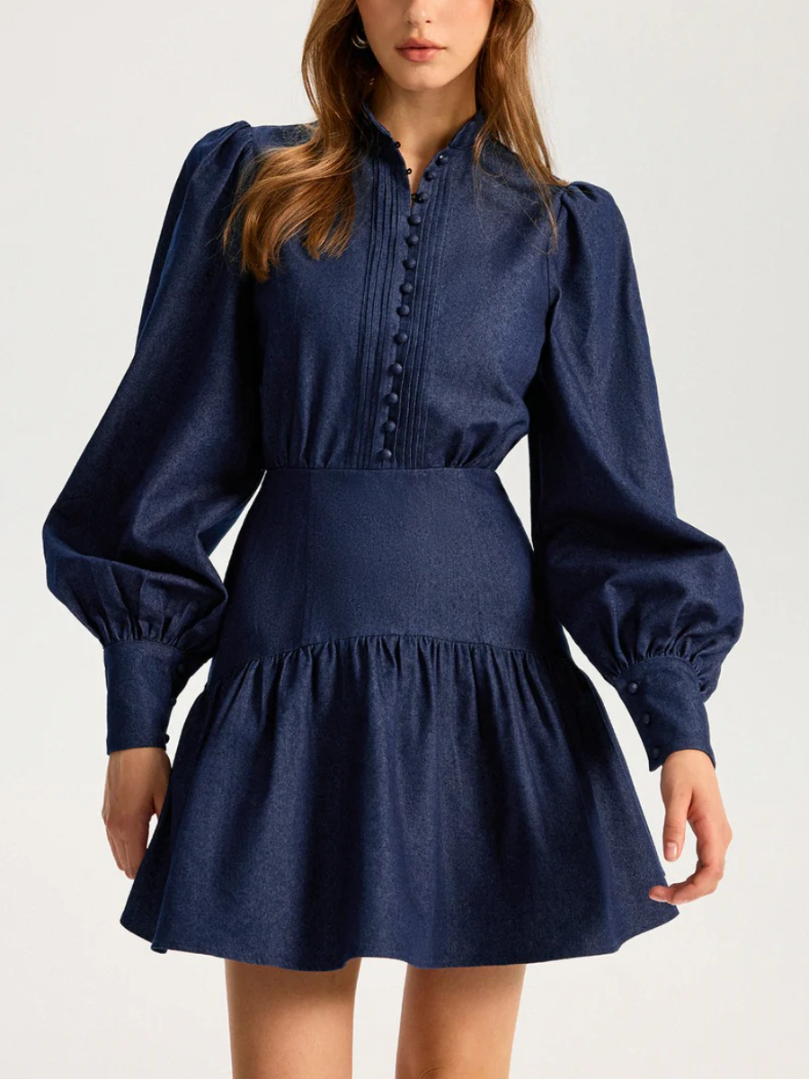 Denim Stand Collar Puff Sleeve Mini Dress