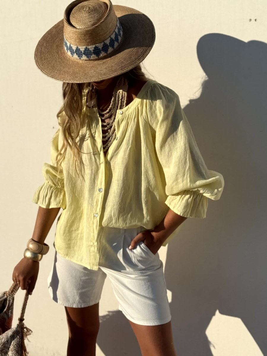 Relaxed Linen Puff Sleeve Blouse