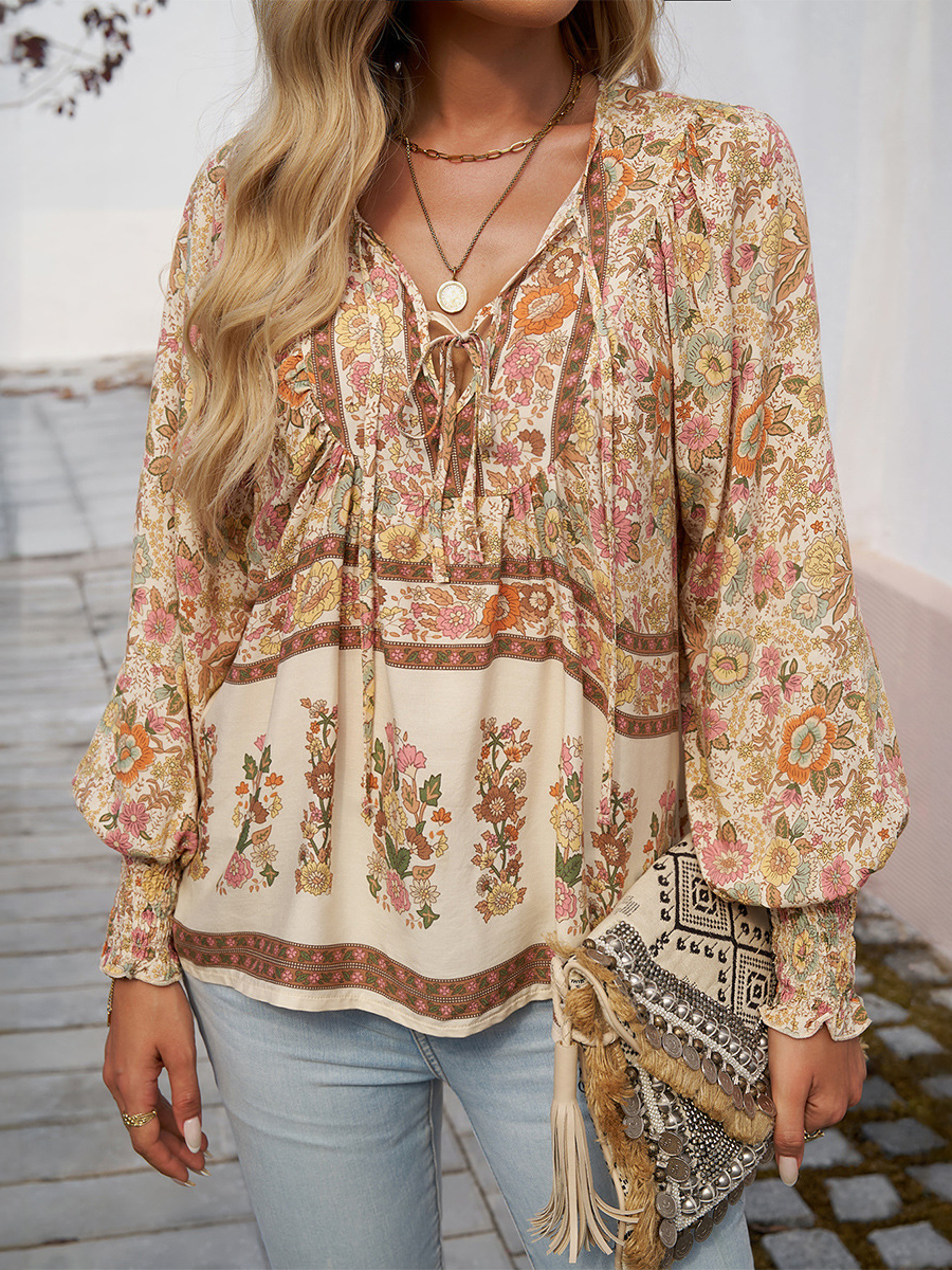 Boho Printed Lace-Up Long Sleeve Top