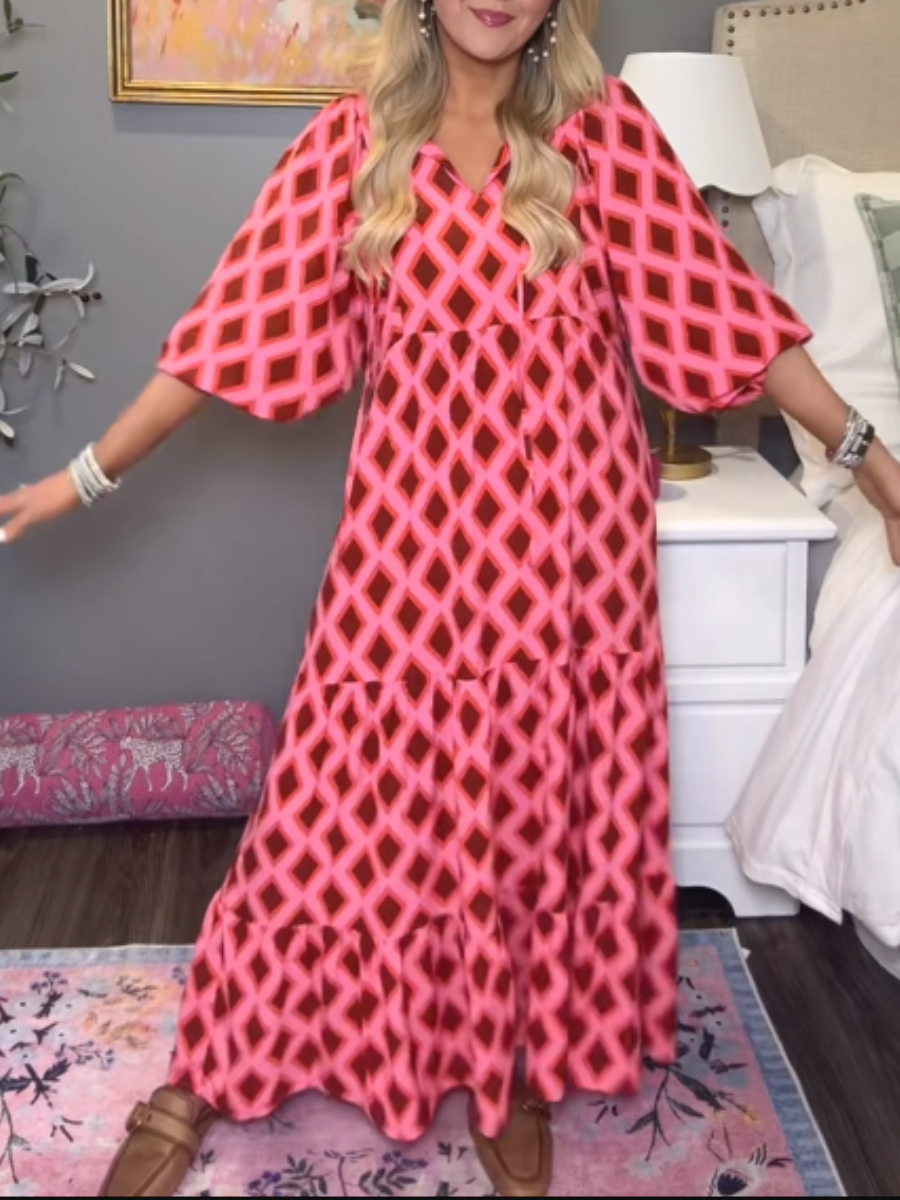 V-Neck Bubble Sleeve Casual Print A- Line Long Beach Dress