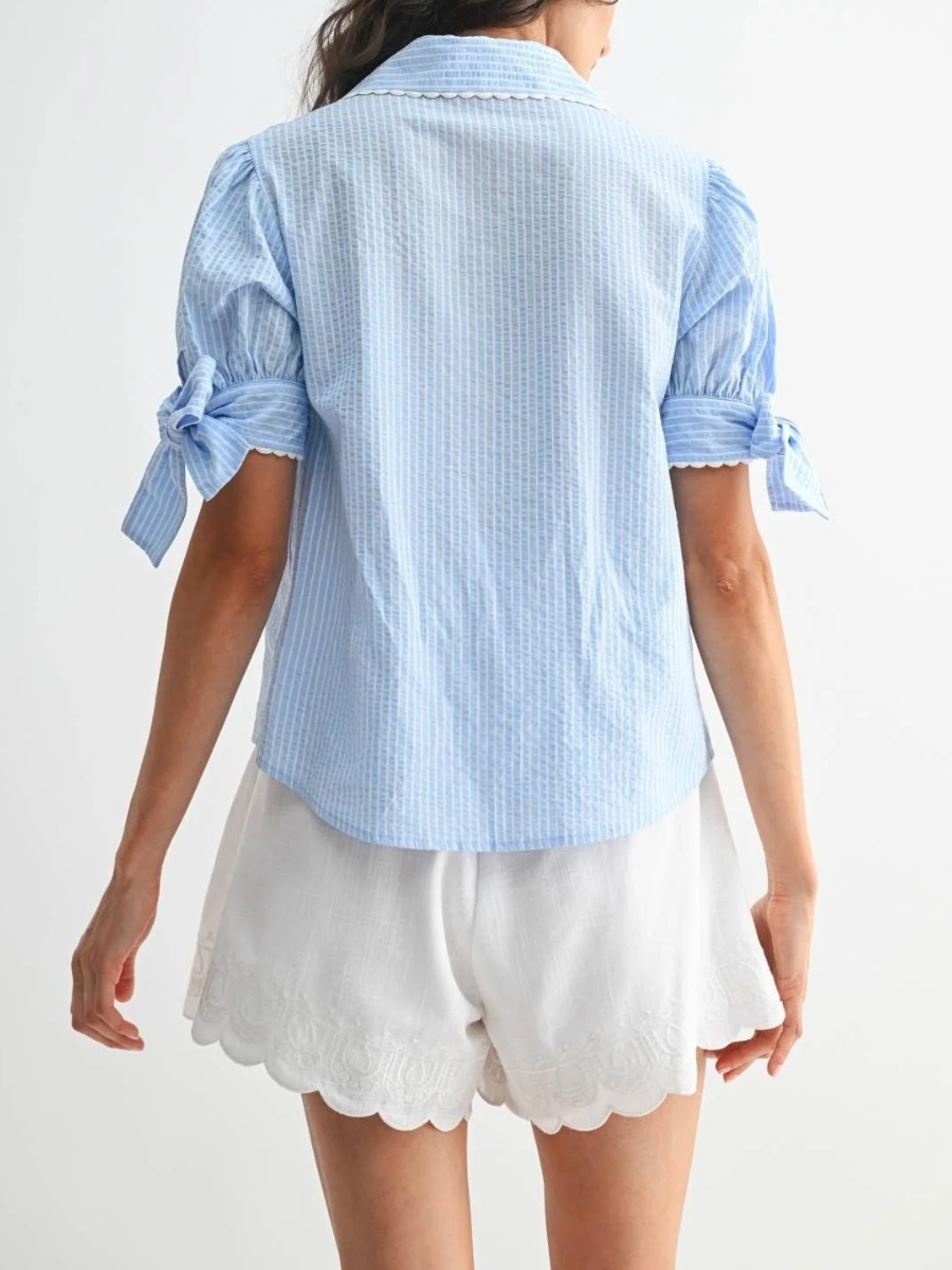 Blakely Blue And White Button Down Bow Top