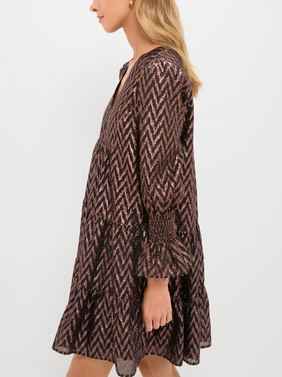 Rose Gold Chevron Sequin Ruffle-Sleeve Mini Dress