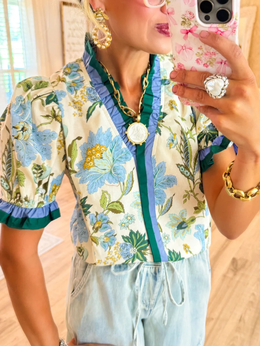 Floral Print Ruffle Puff Sleeve Top