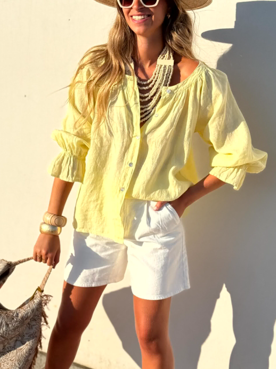 Relaxed Linen Puff Sleeve Blouse
