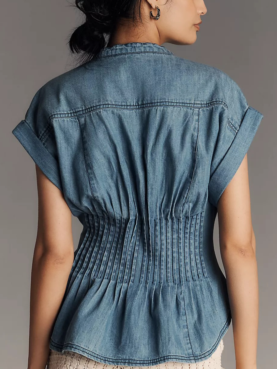 Denim V Neck Pleated Button Up Blouse