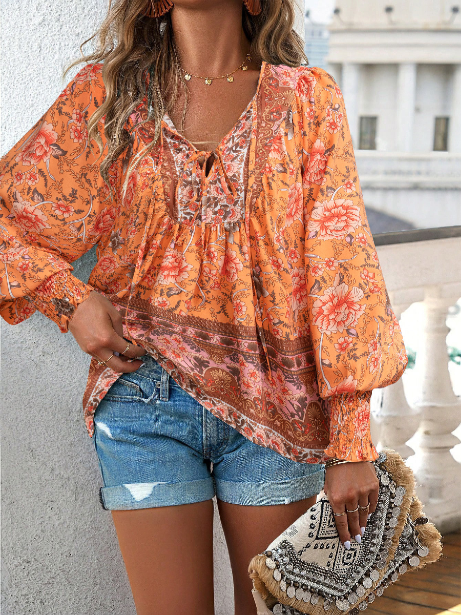 Boho Printed Lace-Up Long Sleeve Top