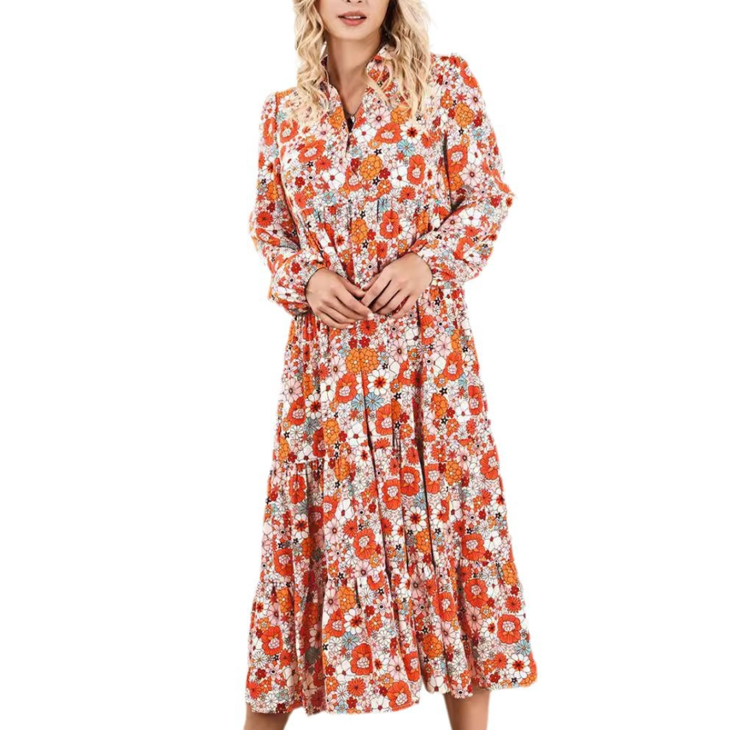 V-Neck Bohemian Floral Puff Sleeve Dress