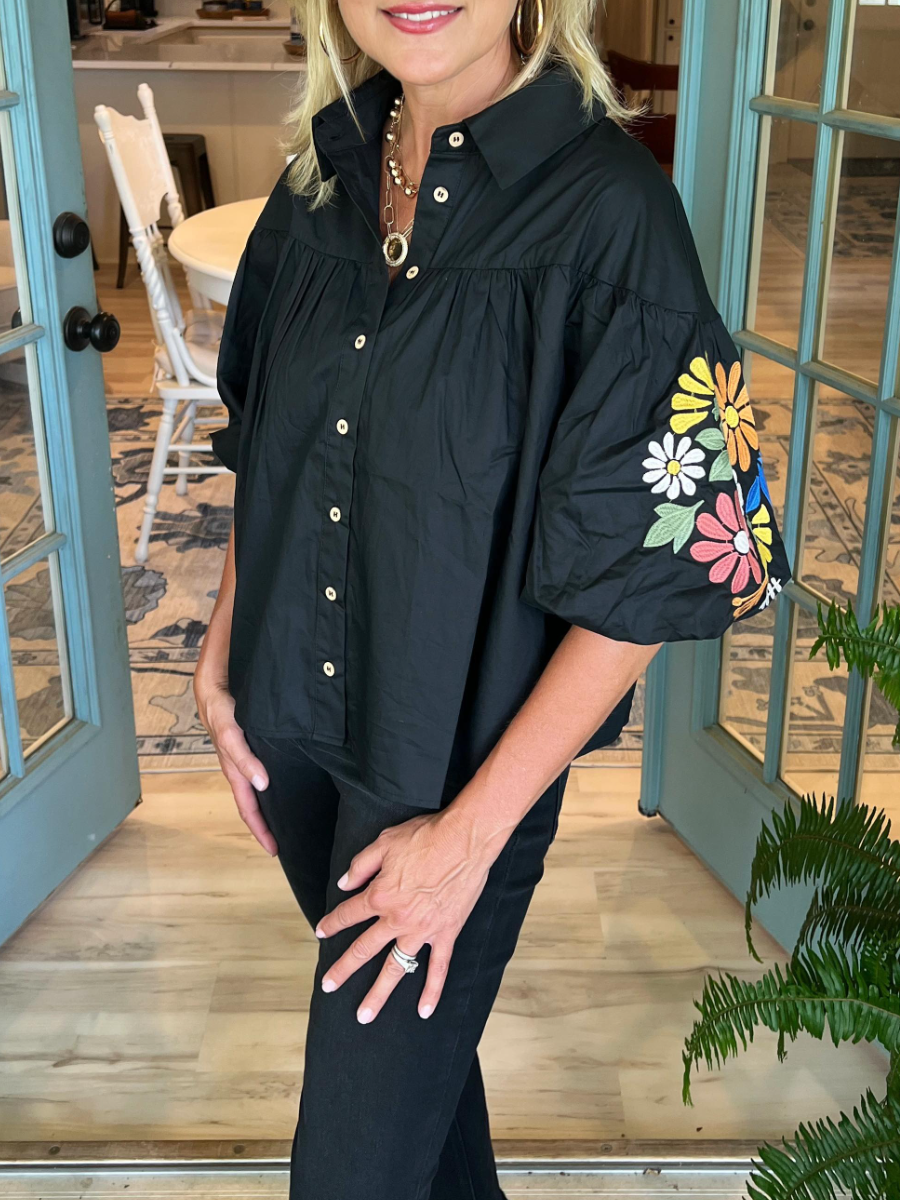 Floral Embroidered Puff Sleeve Blouse