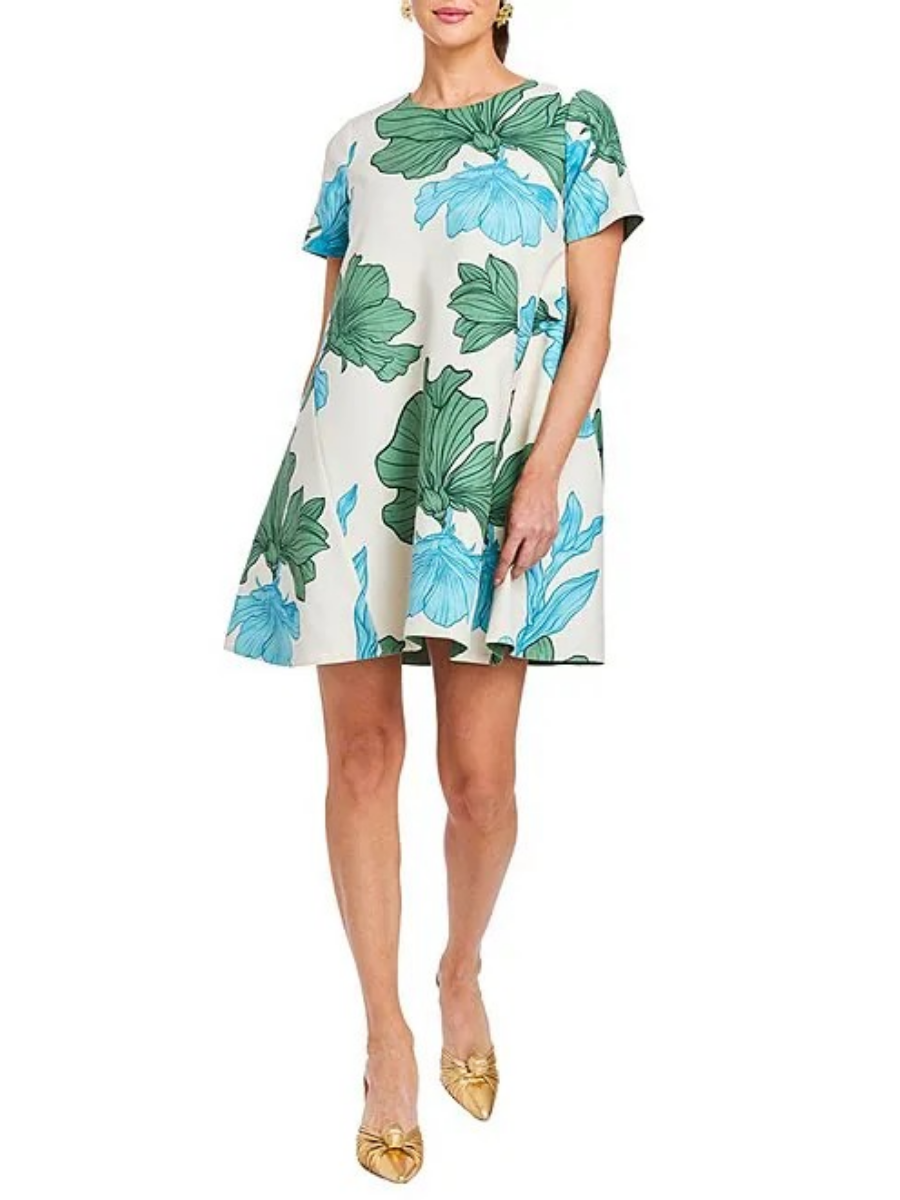Convertible Floral Print Round Neck Short Sleeve A-Line Dress
