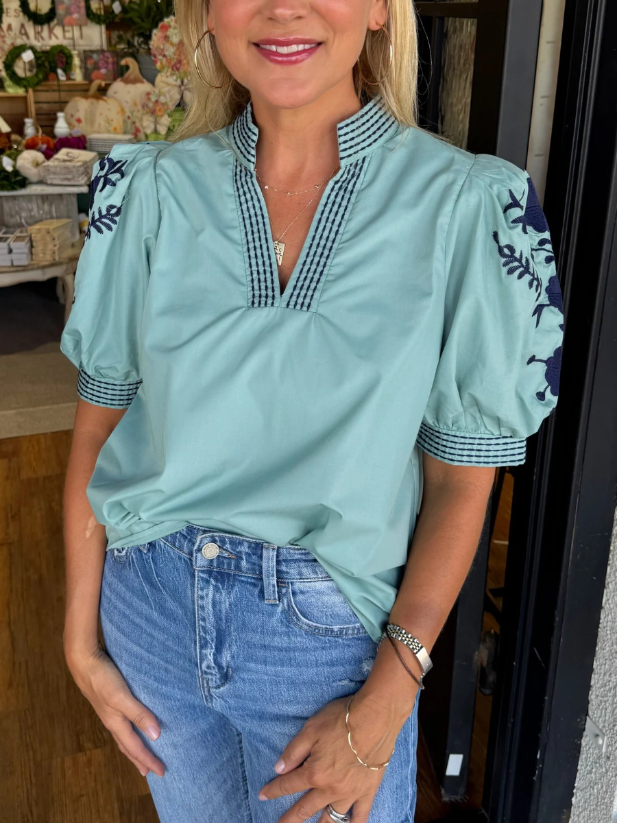 Boho Embroidered Mock Neck Top