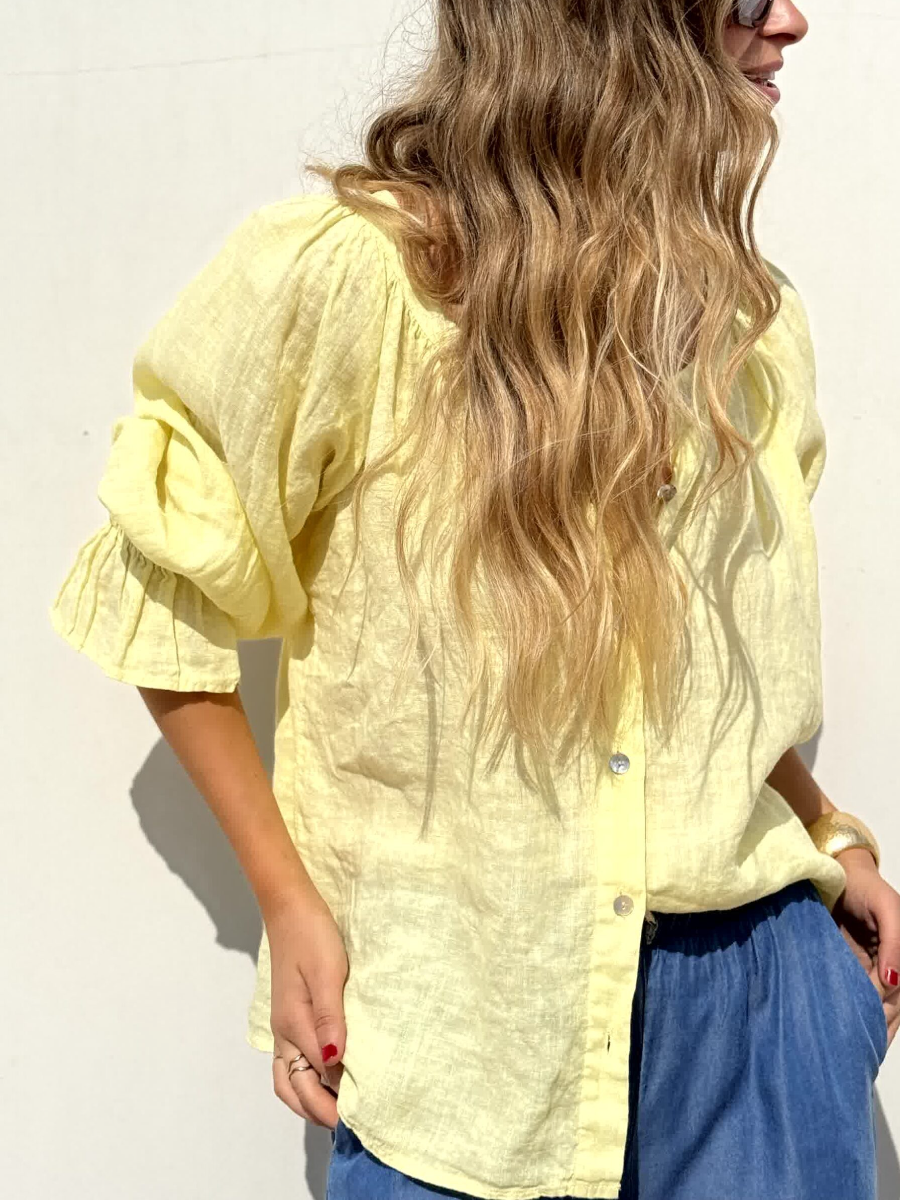 Relaxed Linen Puff Sleeve Blouse