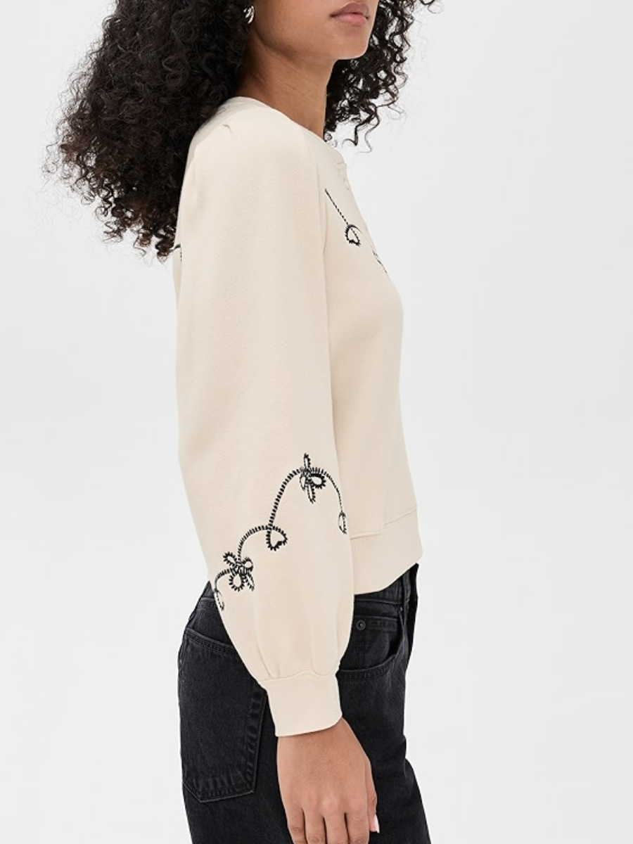Embroidered Puff - Sleeve Henley Sweatshirt