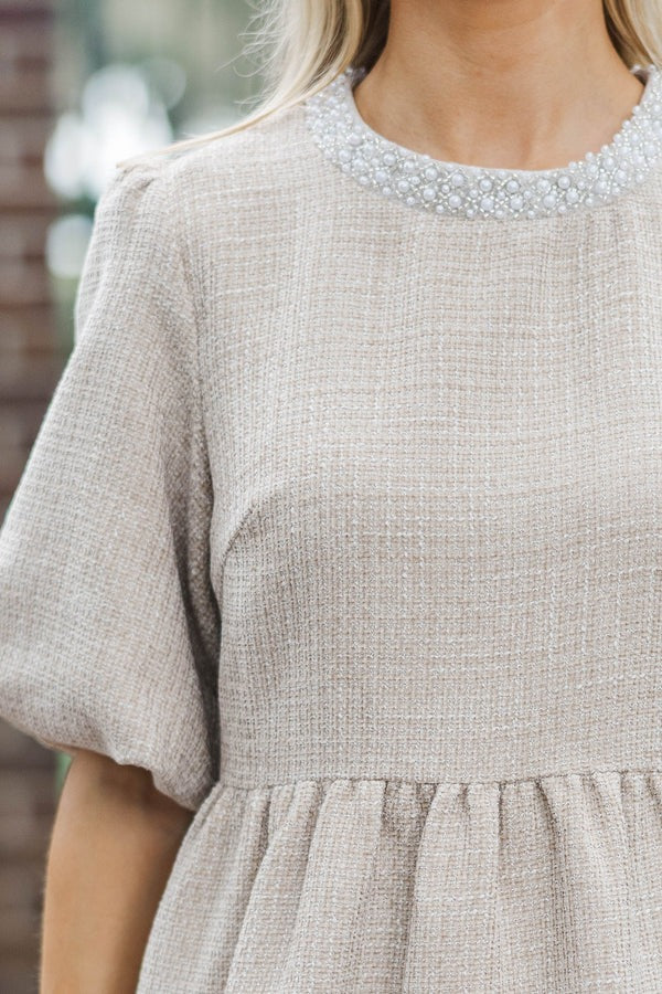 Cherished Moments Oatmeal Tweed Babydoll Dress