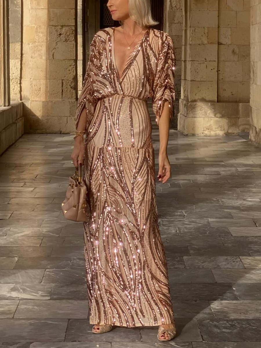 Gold Sequin Plunge V-Neck Maxi Dress