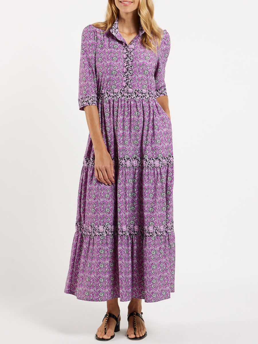Elegant Floral Mandarin Collar Puff Shoulder Maxi Dress