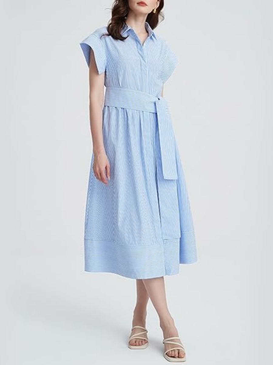 Striped Belted Shirt Midi Dress