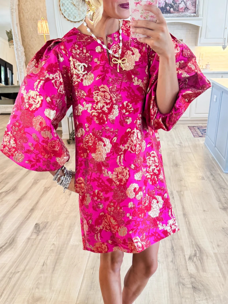 Hot Pink Gold Accent Jacquard Shift Dress