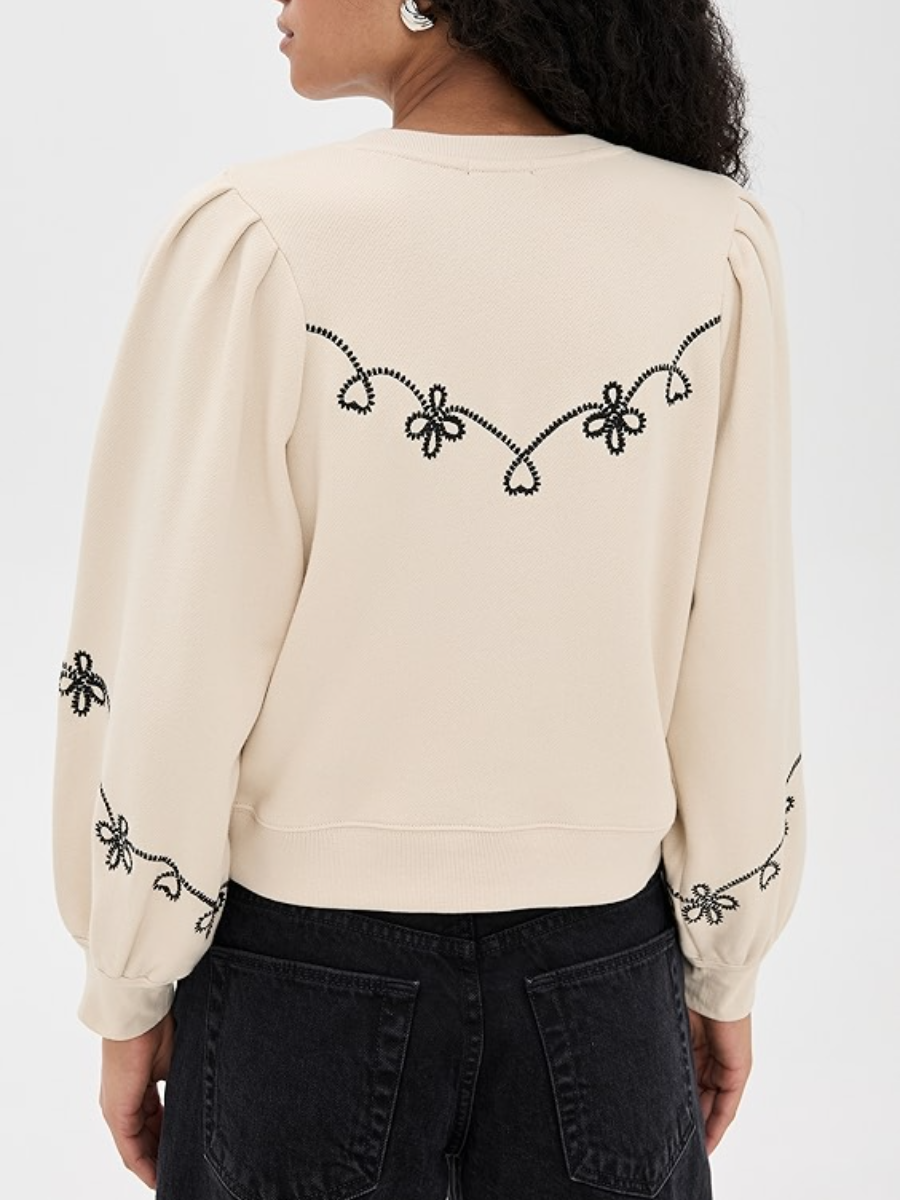 Embroidered Puff - Sleeve Henley Sweatshirt