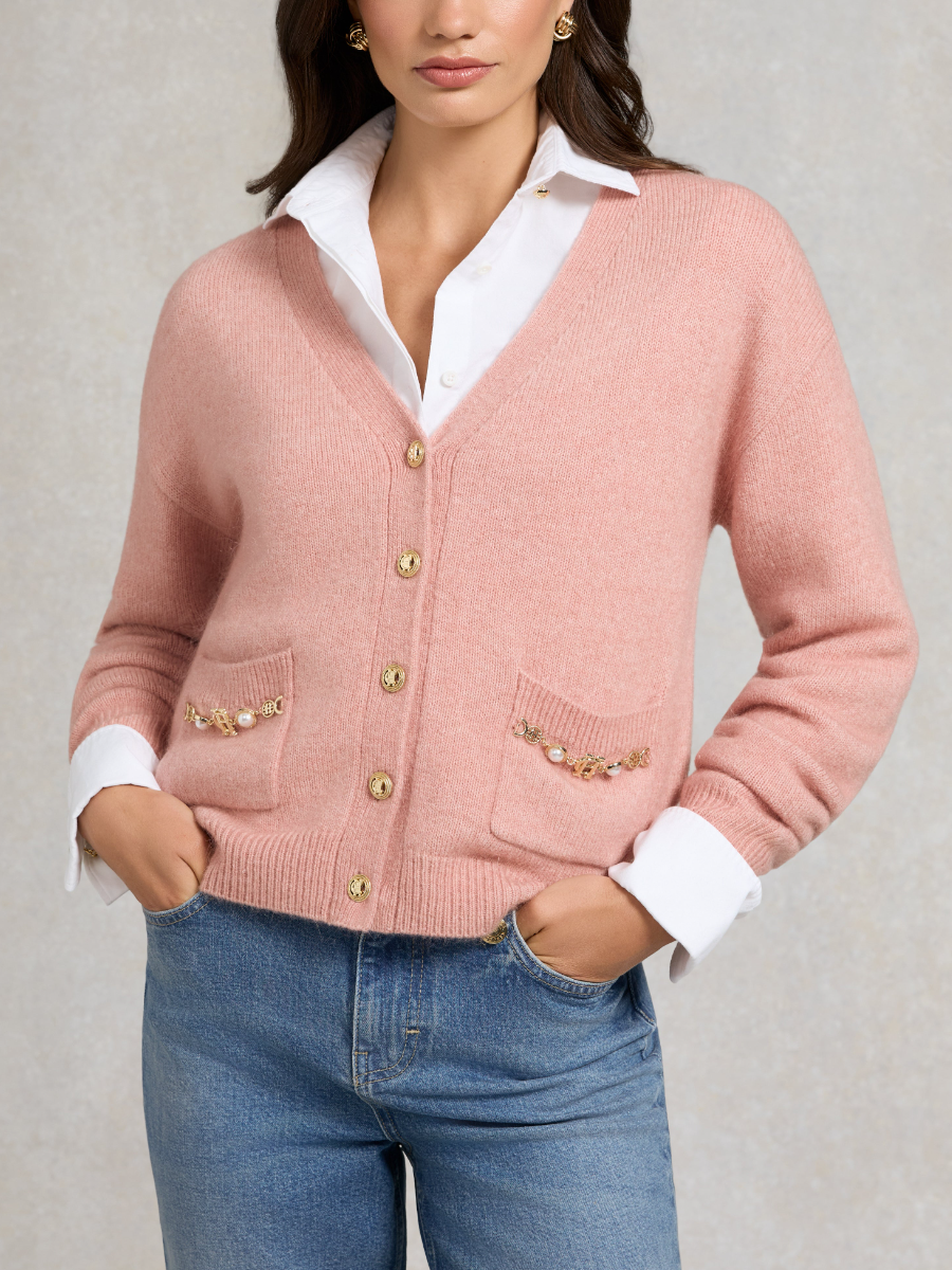 Ink Pearl Embellished V Neck Cardigan