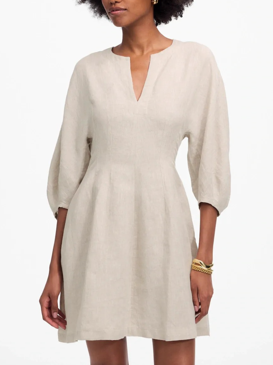 Split Neck Mini Dress In 100% Linen