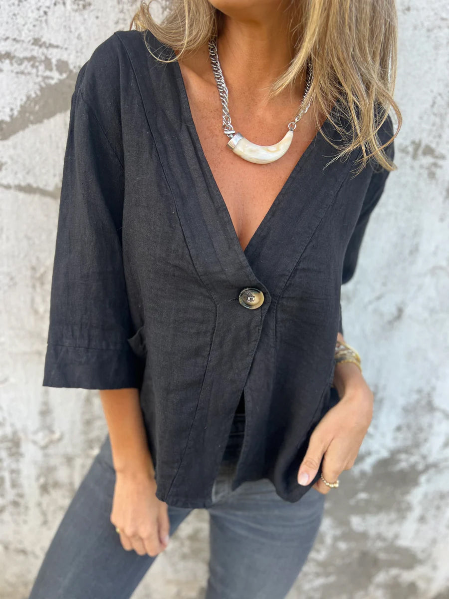 Loose Button Up V Neck Top