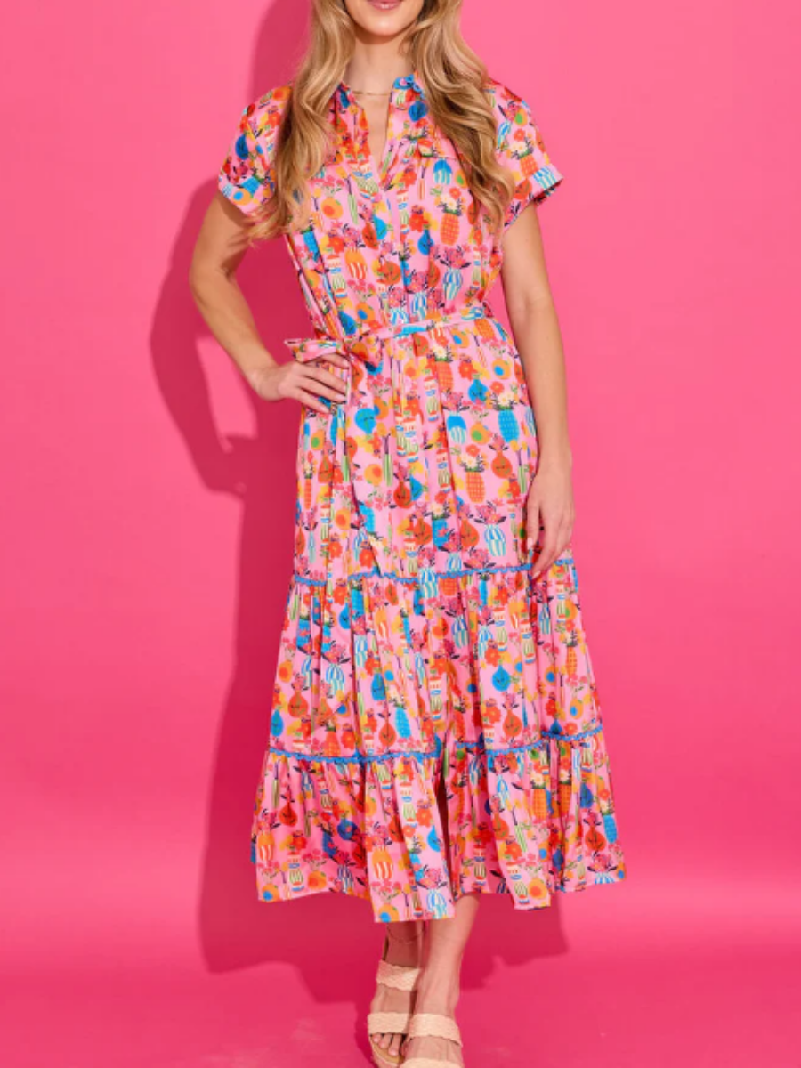 Tropical Print Tiered Midi Dress
