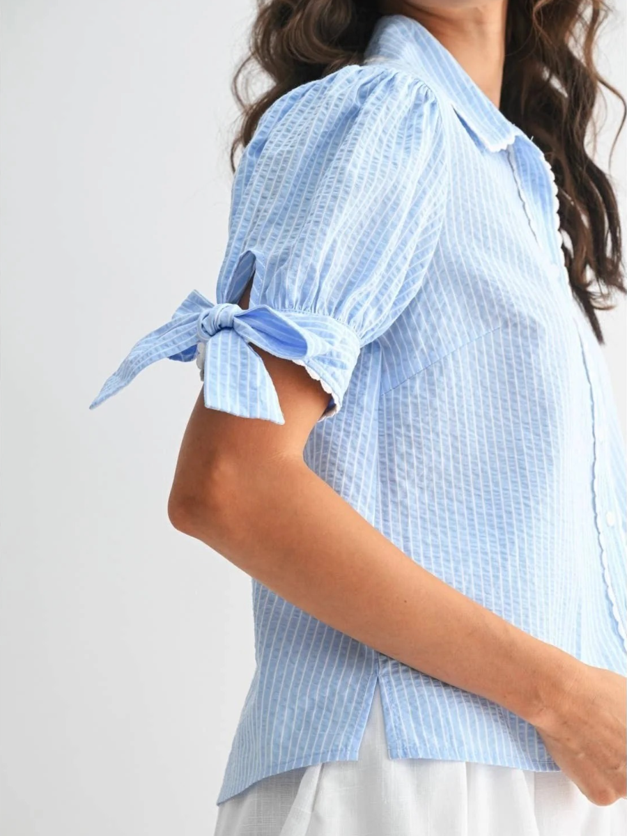 Blakely Blue And White Button Down Bow Top