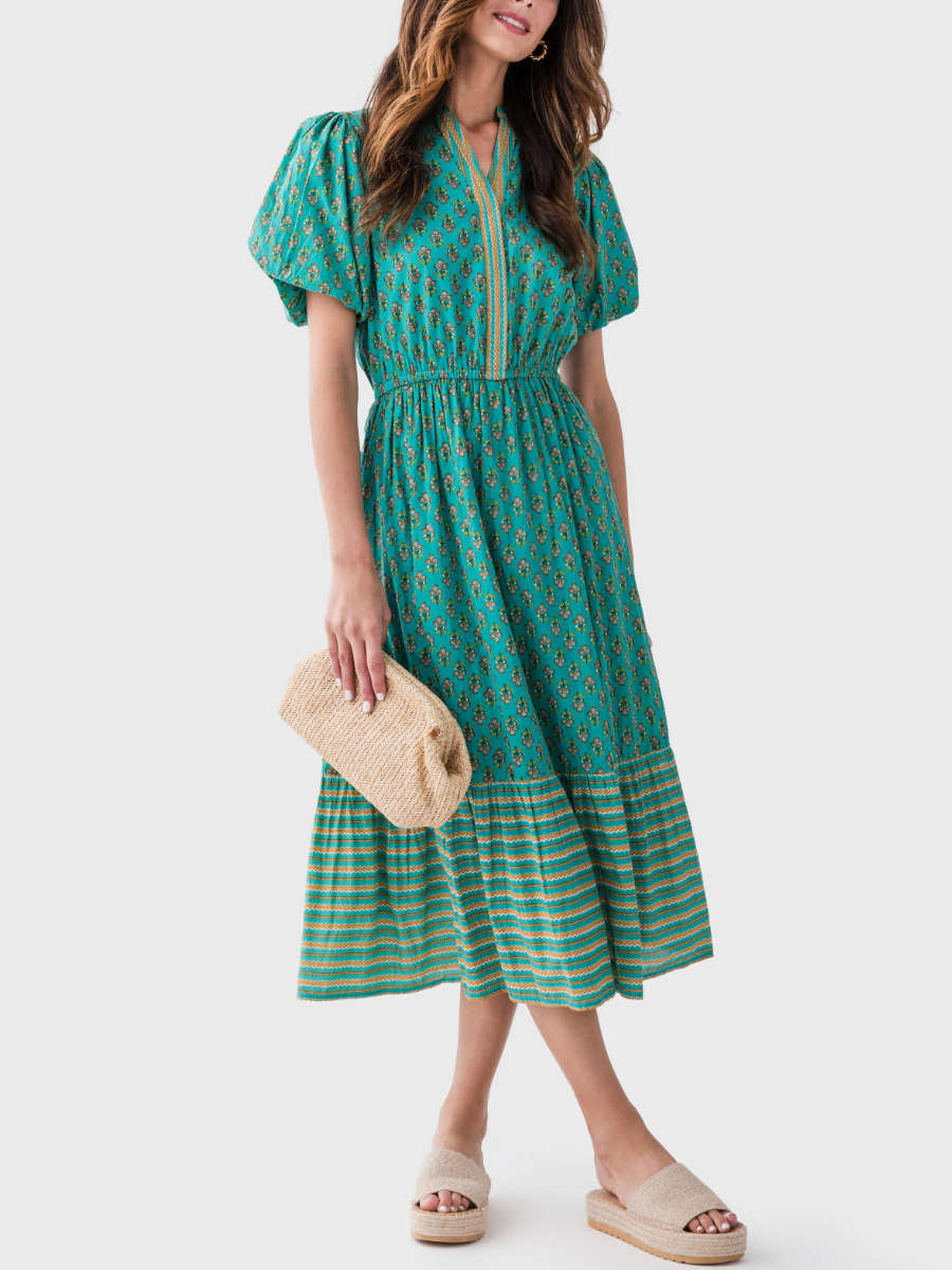 Sweet Green Print Puff Sleeve Dress