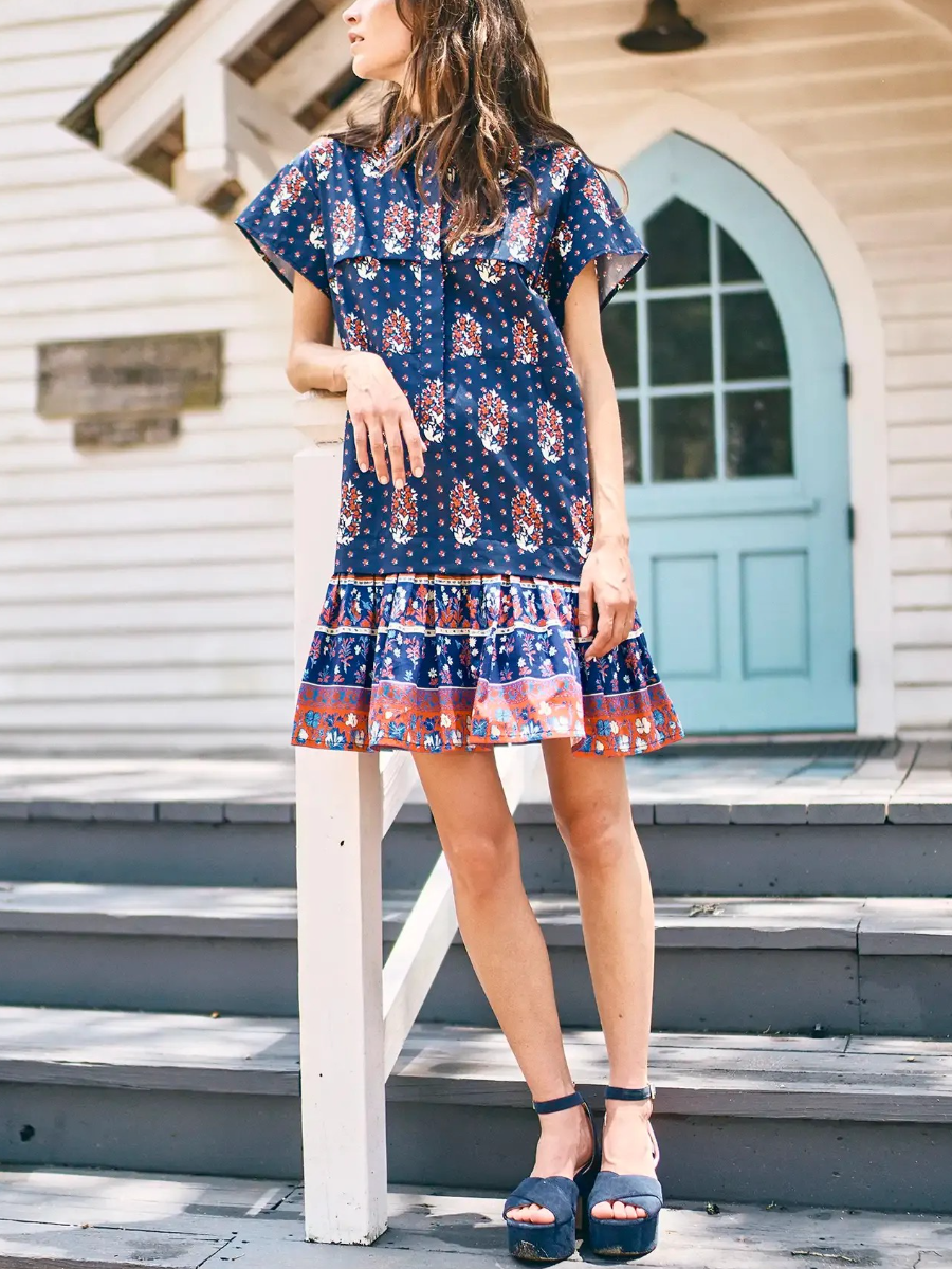 Boho Patchwork Print Short Sleeve Dress