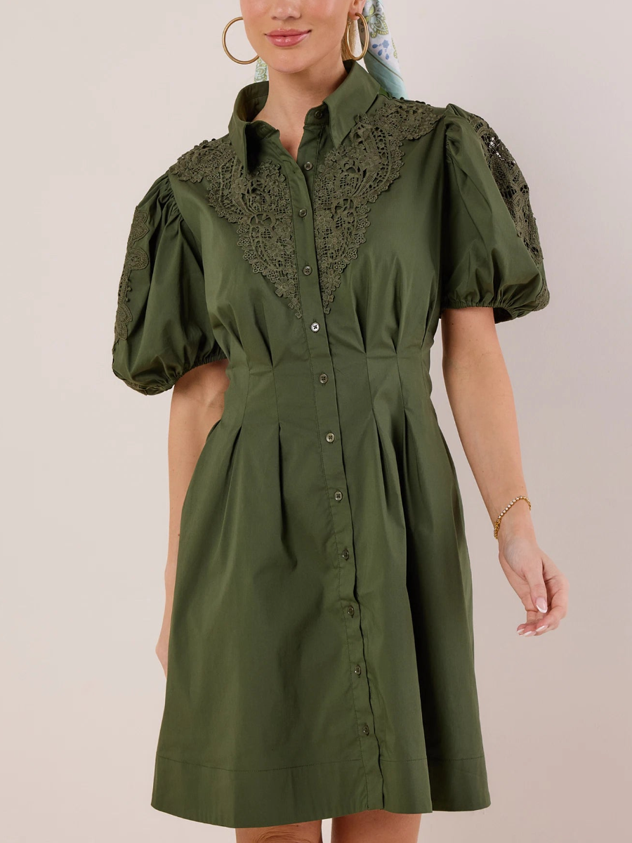 Spread Collar Pleated Puff Sleeve Dress
