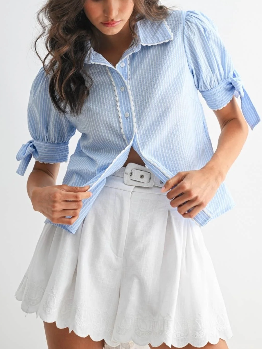 Blakely Blue And White Button Down Bow Top